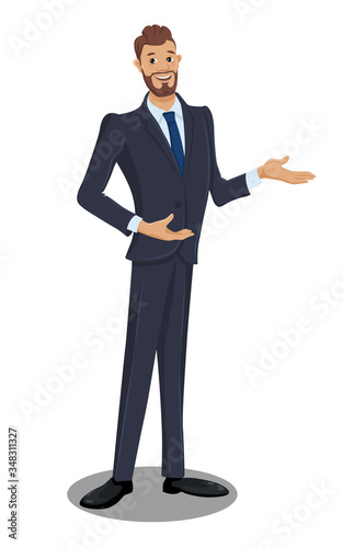Funny cartoon character of businessman is pointing sideways by hand. Cute man with pointing gesture. Vector illustration isolated on the white background