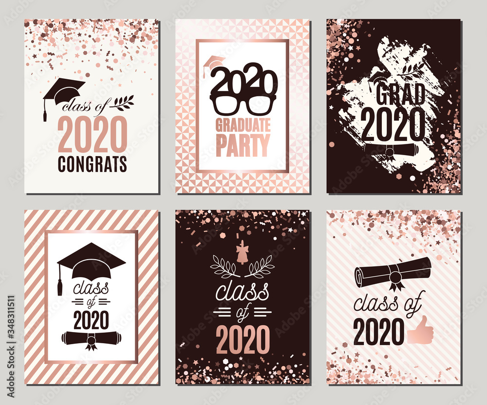 Graduation Class of 2020 rose gold greeting cards set. Six vector party invitations. Grad posters. All isolated and layered