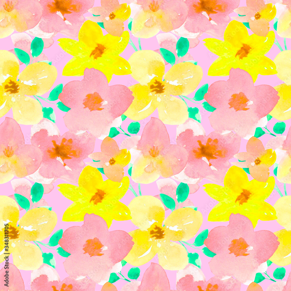 Hand-drawn watercolor pink, yellow flowers with green leaves on a pink background seamless pattern. Endless botanical ornament.