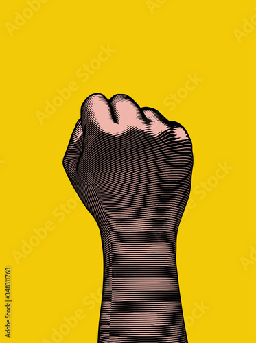 Retro engraving back human fist wrist illustration on yellow BG