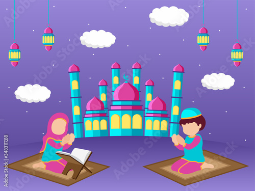 Illustration of mosque, Man and woman pray allah at front of mosque, Paper cut origami art. Eid mubarak.