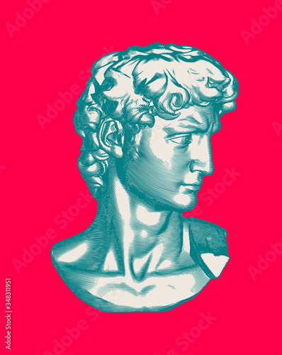 Retro engraving bust and head of David sculpture illustration on red BG