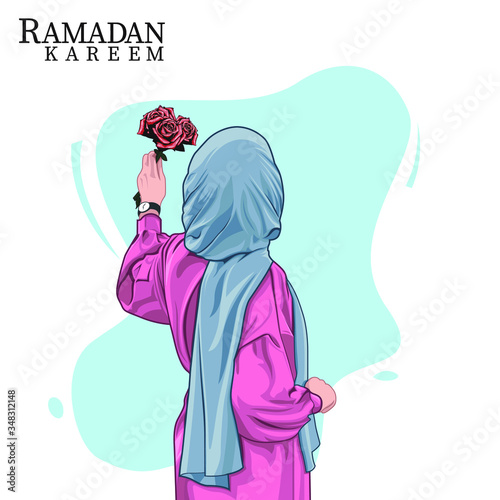 Hijab girl holding flowers on ramadan, vector illustration