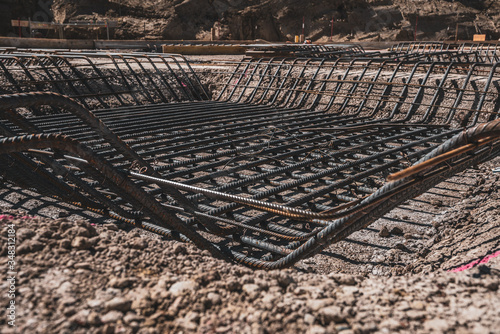 a construction site with metal scaffolding and all kinds of equipment photo