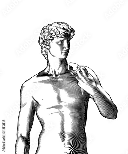 Retro engraving of David sculpture illustration on white BG