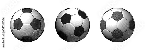 Engraving soccer ball in various view point style on white BG