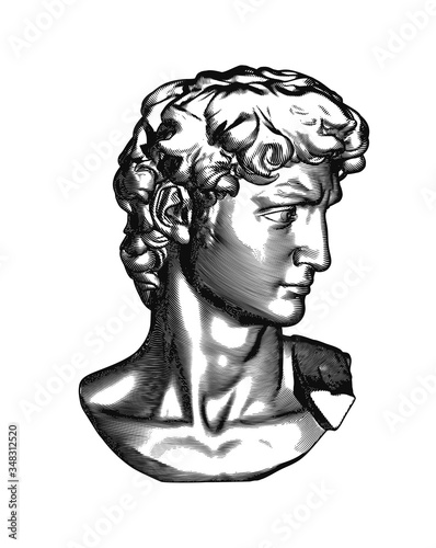 Retro engraving bust and head of David sculpture illustration on white BG