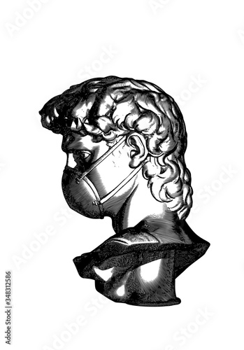 Vintage engraving of David bust sculpture illustration on white BG
