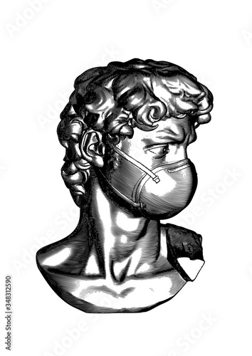 Vintage engraving of David bust sculpture illustration on white BG