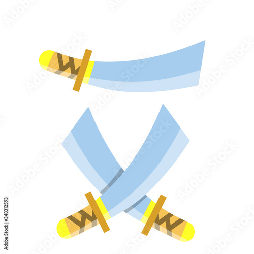 Asian sword. Weapons of Eastern pirate warrior. Medieval the object is soldier. Crossed Weapon with blade. Cartoon flat illustration
