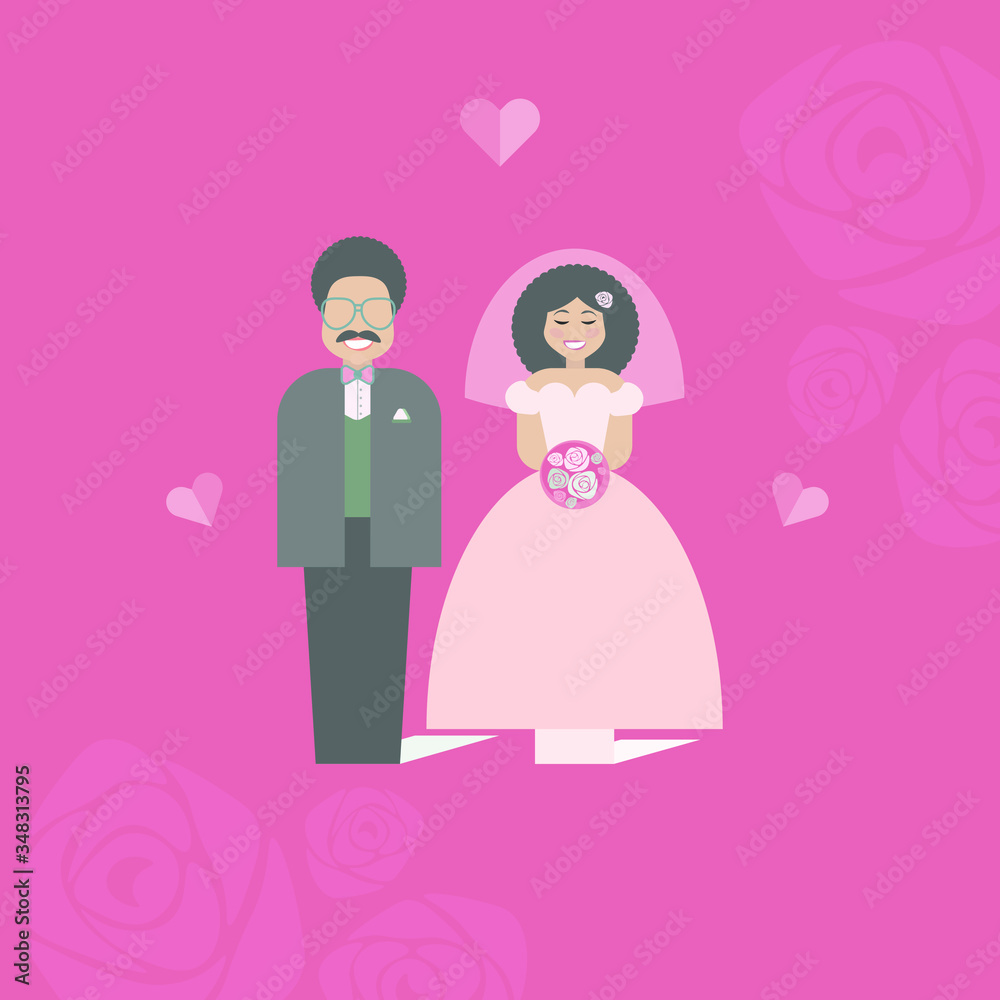 Wedding concept. Paper bride and groom. Congratulatory card just married. Retro flat cartoon style. Illustration for t shirts Wedding concept. Paper bride and groom. Congratulatory card just married. Retro flat cartoon style. Illustration for t shirts