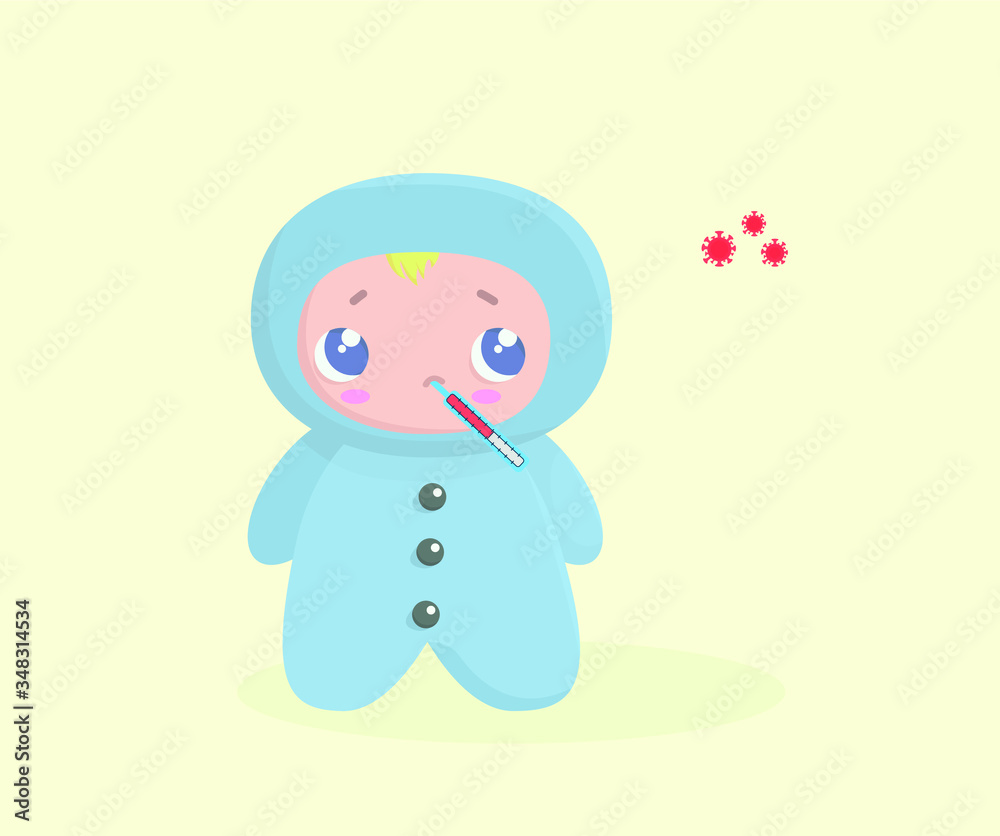 Fototapeta premium Virus around a sick cute boy with a thermometer in mouth.