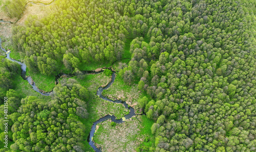 Aerial. Beautiful landscape with summer forest and river. View above from drone.
