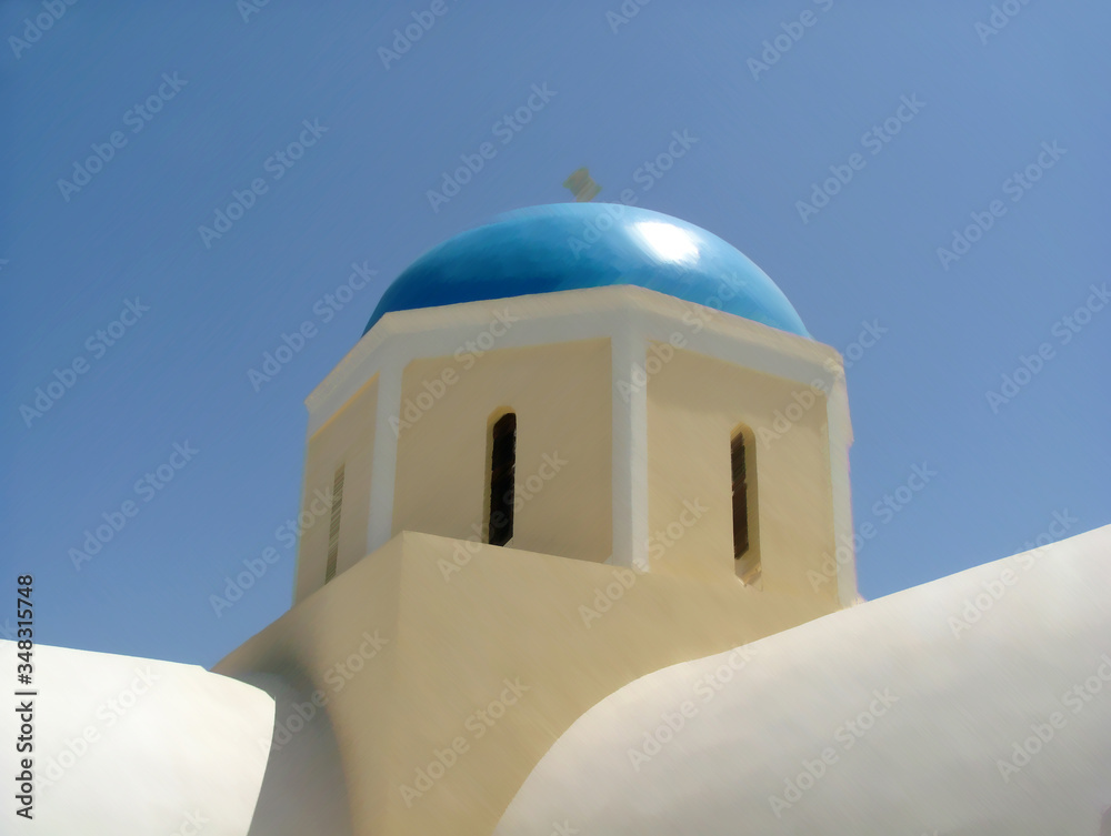 Illustration of a typical yellow and white church with blue rounded dome on the Greek Island Santorini in summer time