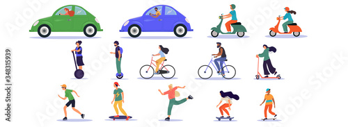 Large set of transport and ride on icons with car, assorted scooters, bicycle, skateboard and Segway on white, colored vector illustration © Rudzhan