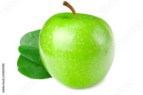 one green apple with green leaves isolated on white background