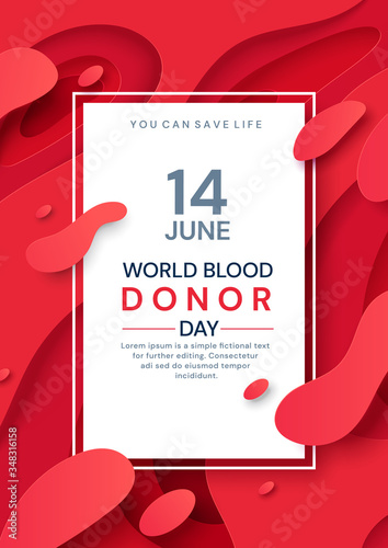 Colorful medical poster design for June 14 Blood Donor Day with a frame of red blood and corpuscles around central page of text, colored vector illustration