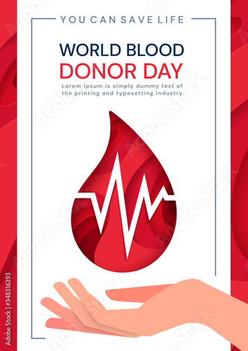 World Blood Donor Day poster with heartbeat in a droplet of blood over an outstretched hand, colored vector illustration