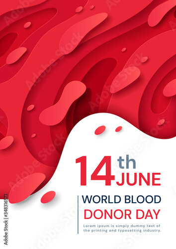 14th June Blood World Donor Day red poster design with flowing blood droplet with corpuscles over white above text, colored vector illustration
