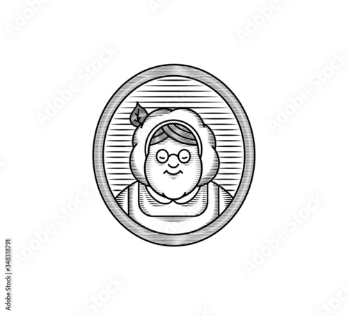Grandmother cook logo for cafe or home cooking restaurant. Pastry and bakery logotype. Black and white