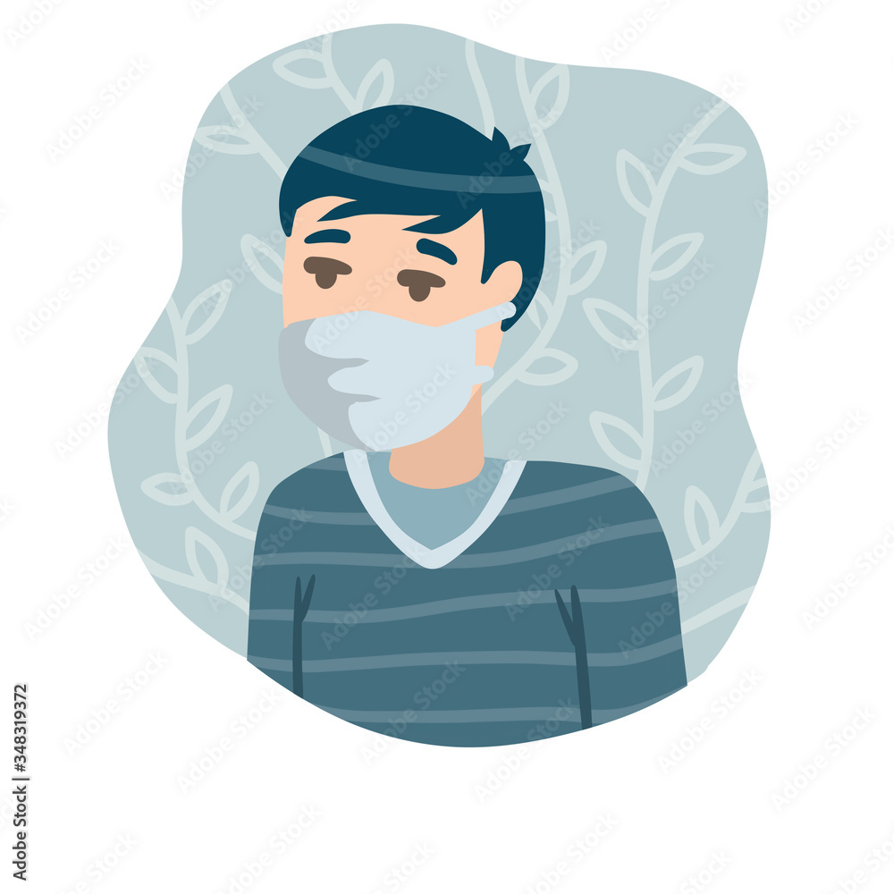 Man in medical mask. Protection from virus and coronavirus. Sick Young guy. Treatment and prevention of disease. Blue clinic concept. Cartoon flat illustration