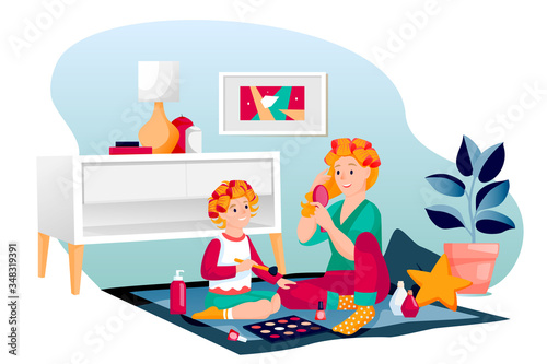Happy mother and daughter do hairstyles and makeup. Mom and little girl sitting on floor in bedroom. Vector illustration
