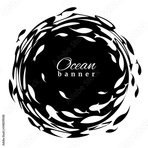 Black-white ocean banner. Fish label design template. Fish logo design  for fish merchant or seafood restaurant. Vector illustration.