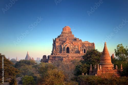 view to the ruins at the valley of Bagan with its ancient buddhist pagodas, Myanmar (Burma) 