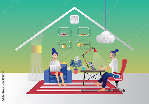 Young couple using laptop and tablet Sitting on the Sofa obsessed with devices gadgets, men and women freelancers Remote work, working at home, quarantine concepts. Stay home, flat Vector Illustration