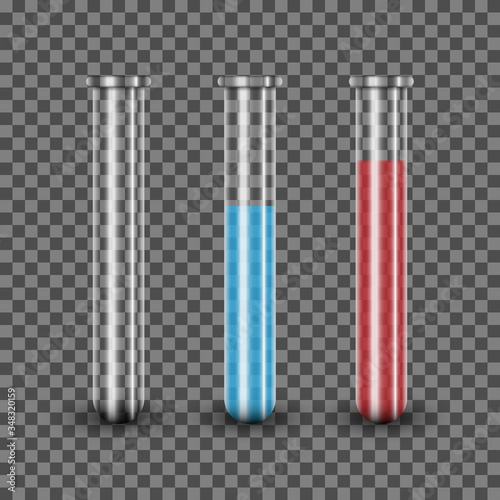 Realistic test tube with blue and red solution, vector illustration