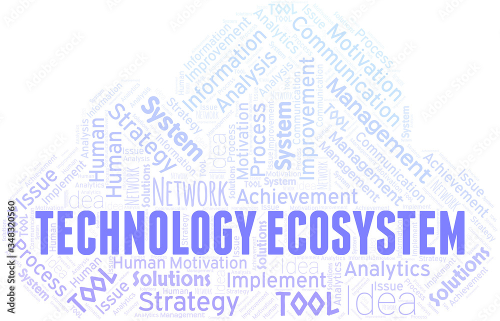 Obraz premium Technology Ecosystem typography vector word cloud.