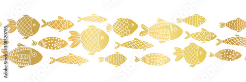 Metallic gold foil fishes seamless vector border. Golden ocean animal repeating pattern. School of tropical fish. Marine summer pattern for banners, ribbons, footer, card decor
