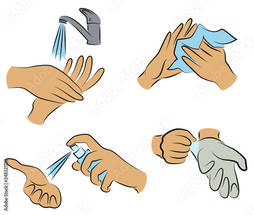 Collection of hygiene procedures. Wash your hands with soap under the tap, wipe with a napkin, treat with an antiseptic, wear rubber gloves. Vector illustration of a set.