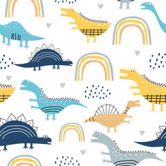 Fototapete Skandinavische Kindermuster Verspielte Dinosaurier Kindermuster Skandi-Stil  © ngupakarti