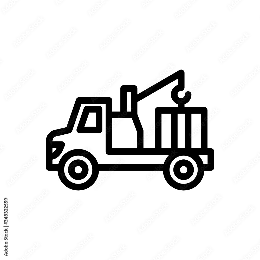 Crane truck lifting icon in line art style on white background, sign for mobile concept and web design, Crane vehicle vector icon, Construction machine symbol, logo illustration