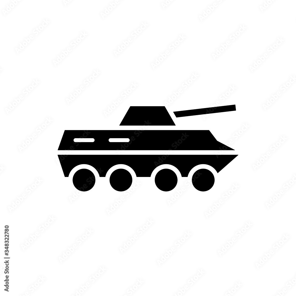 Amphibious military vehicle icon in black flat design on white background, filled flat sign, solid pictogram isolated on white, Infantry armored vehicle symbol, logo illustration