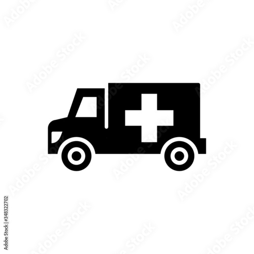 Ambulance truck icon vector in black flat design on white background, filled flat sign,  isolated on white, Symbol, logo illustration, Pixel perfect