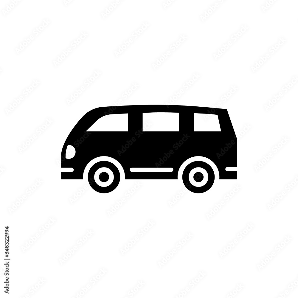 Retro Camper Van vector icon in black flat design on white background, Minivan filled flat sign for mobile concept and web design, Old van bus glyph icon, Passenger vehicle symbol, logo illustration, 