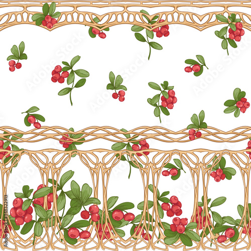Cranberry in a decorative imitation of a wicker basket made of twigs. Seamless pattern, background. Graphic drawing, engraving style. Vector illustration isolated on white background..