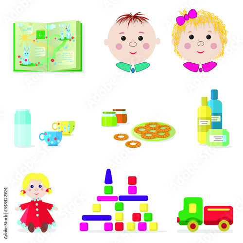 Little girl and boy. Kids set of toys, care items, and baby food isolated on white background. Vector. EPS10.