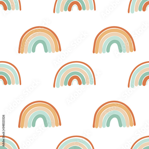 Seamless pattern of hand drawn abstract rainbow in pastel mint and neutral beige colors on white background