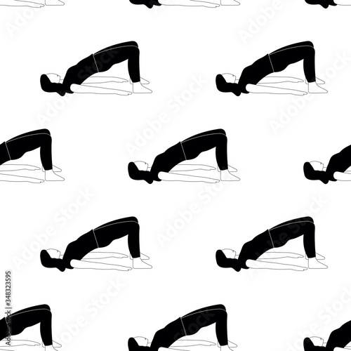 Seamless pattern with woman doing yoga at home. Illustration with pose Bridge Pose, Setu Bandha Sarvangasana.