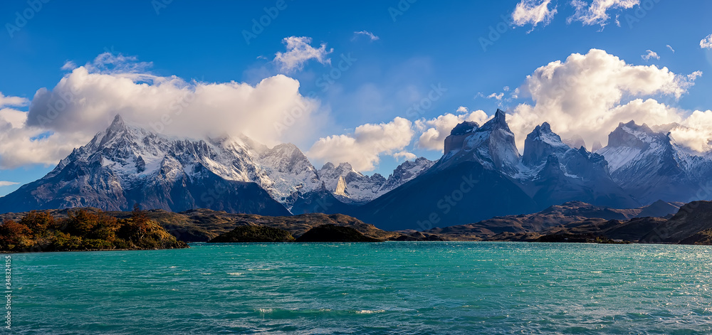 Panoramic view of Pehoe lake and Cuernos del Paine in the National Park Torres del Paine, Patagonia, Chile
