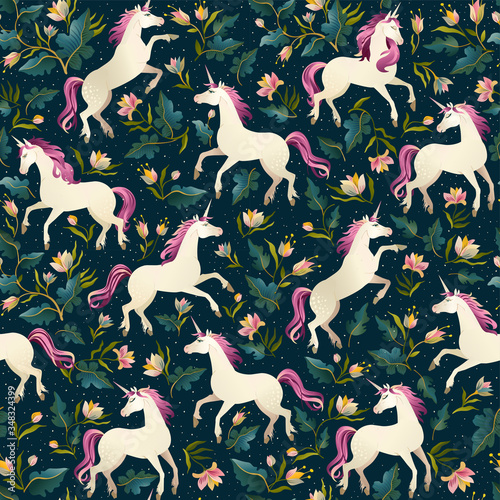 Unicorns on a dark background with a fairy forest. Seamless pattern.