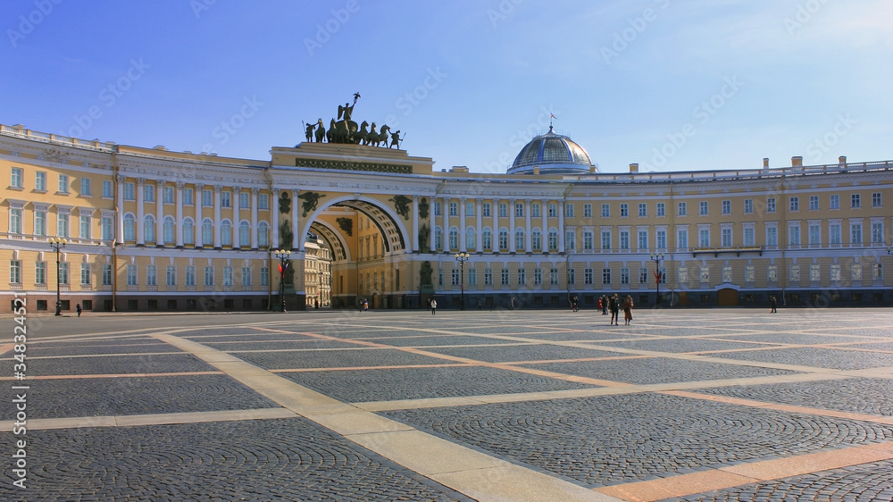 Arch of the General Staff Building, famous architectural monument in Saint Petersburg, Russia. Palace Square scenic view, central city square of St Petersburg, historic architecture with no people 