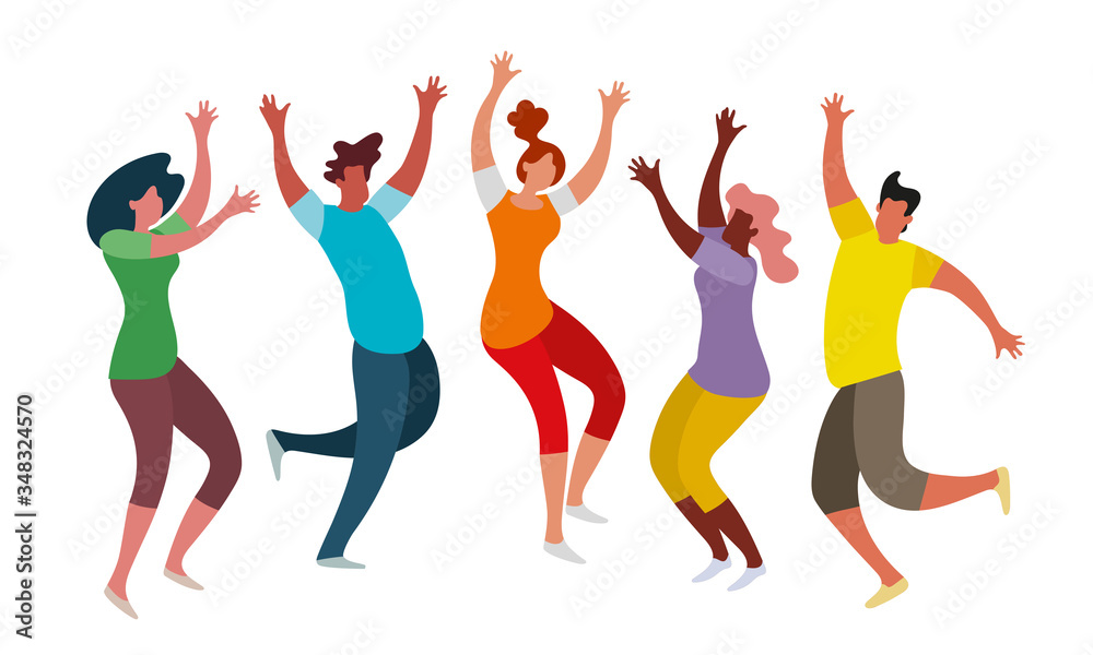 Happy jumping people on a white background. The concept of friendship, healthy lifestyle, success, luck, victory, celebration, relaxation, good mood, positive emotions. Vector illustration. Happy jumping people on a white background. The concept of friendship, healthy lifestyle, success, luck, victory, celebration, relaxation, good mood, positive emotions. Vector illustration.
