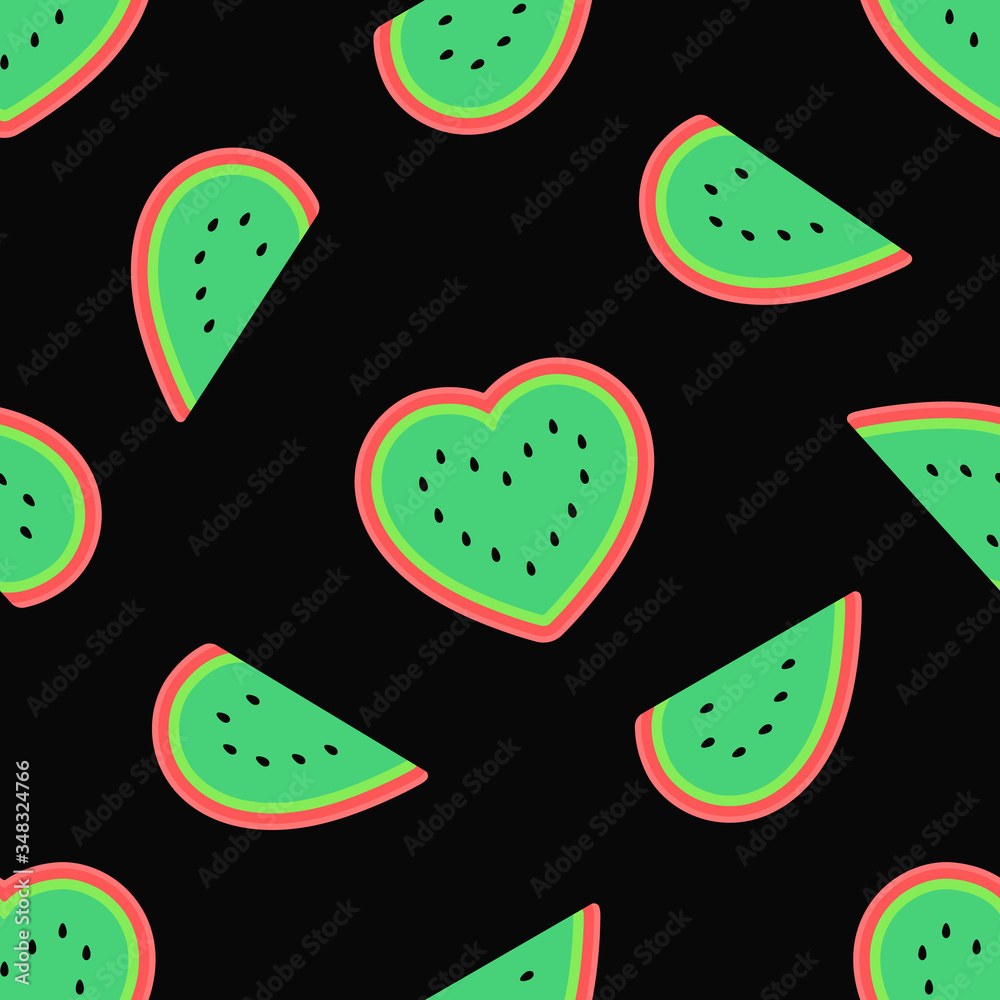 Funny green watermelon hearts seamless pattern on black background. Bright summer 2020 color scheme. Flat cartoon style Funny green watermelon hearts seamless pattern on black background. Bright summer 2020 color scheme. Flat cartoon style