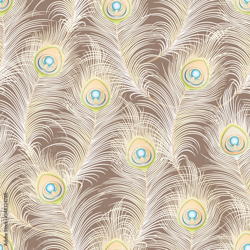 Peacock feathers Seamless pattern, background. Colored vector illustration