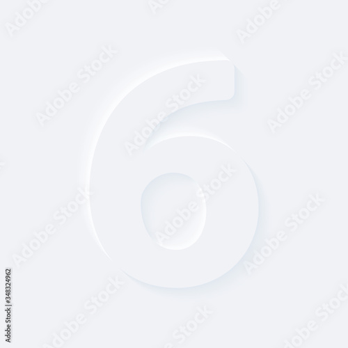 Vector button letter of alphabet number 6. Bright white gradient neumorphic effect character type icon. Internet gray symbol isolated on a background.