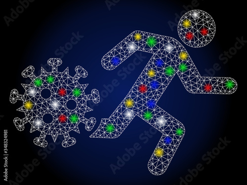 Glossy mesh running man from coronavirus with glow effect. Abstract illuminated vector model of running man from coronavirus icon on a dark blue gradiented background.